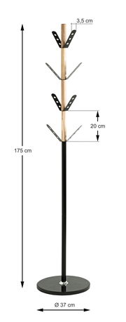Moderner Garderobenständer aus Holz und Metall, frontal abgebildet, mit mehreren Haken und stabiler Basis.
