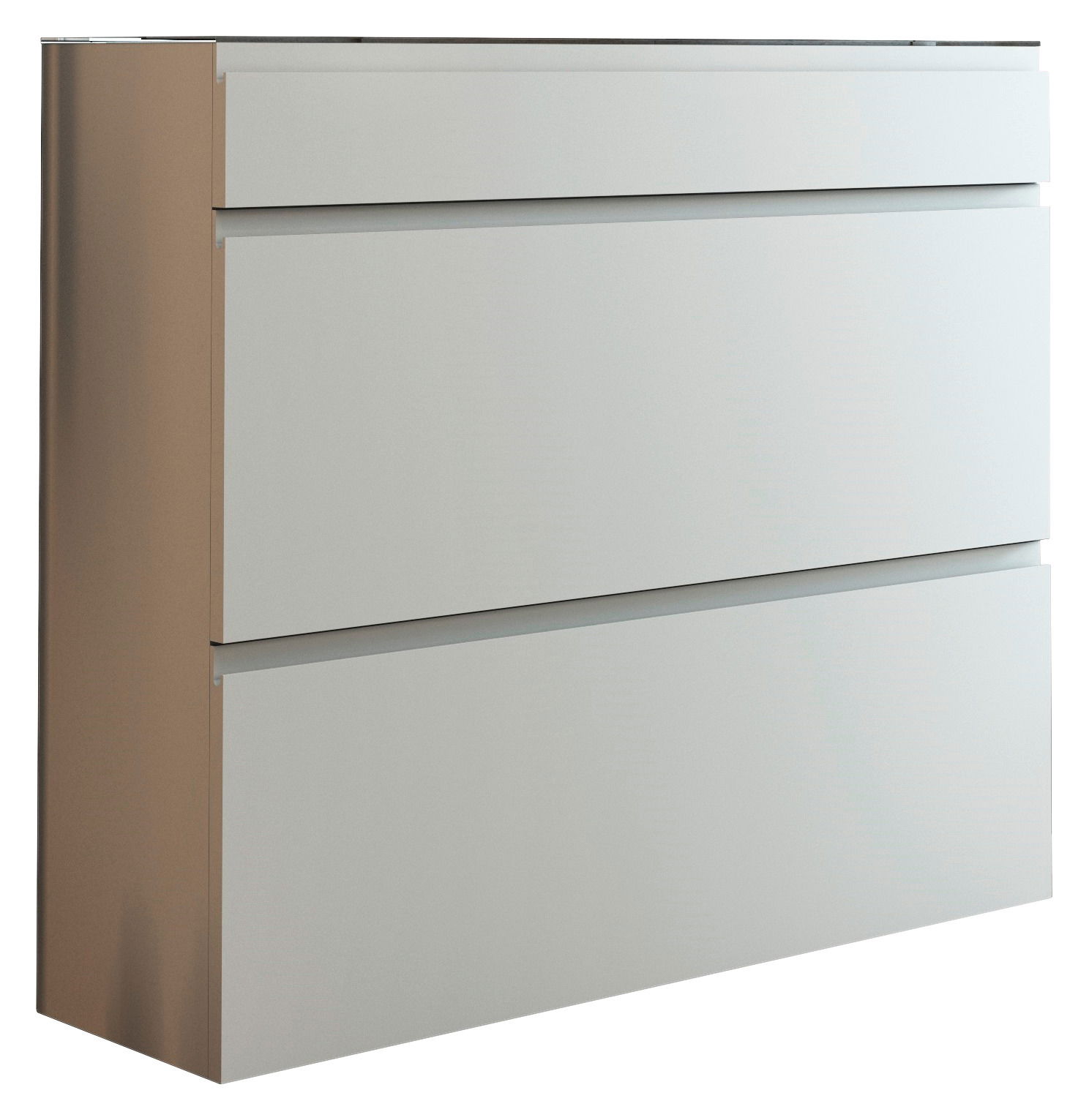 Moderner Hängeschuhschrank mit zwei Klappen und einer Schublade in seitlicher Perspektive