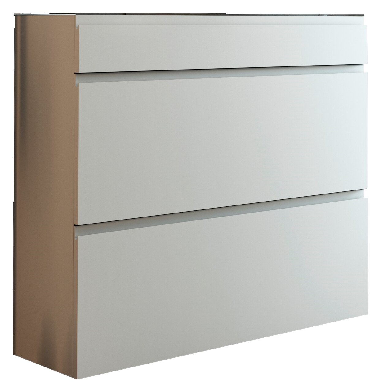 Moderner Hängeschuhschrank mit zwei Klappen und einer Schublade in seitlicher Perspektive
