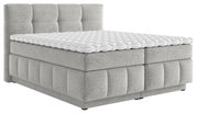Graues Boxspringbett mit gepolstertem Kopfteil und weißem Topper, seitliche Perspektive