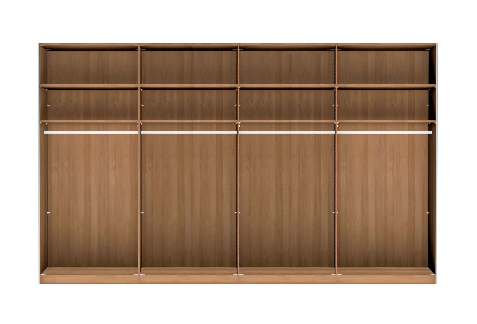 Vierschichtiger Schwebetürenschrank aus Holz mit offener Frontansicht, zeigt mehrere Regalböden und Kleiderstangen.