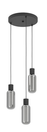Moderne dreiflammige Pendelleuchte mit zylindrischen, rauchgrauen Glaskörpern, von unten betrachtet.