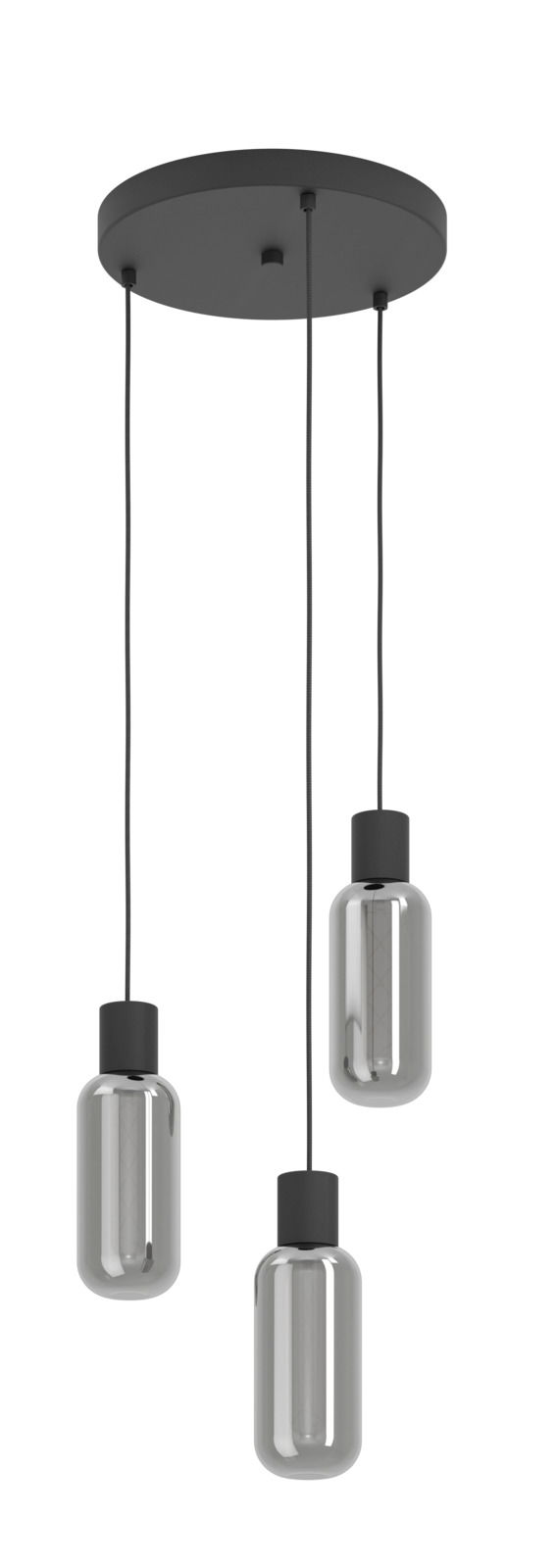 Eglo Leuchten Pendelleuchte MAIONE Moderne dreiflammige Pendelleuchte mit zylindrischen, rauchgrauen Glaskörpern, von unten betrachtet.