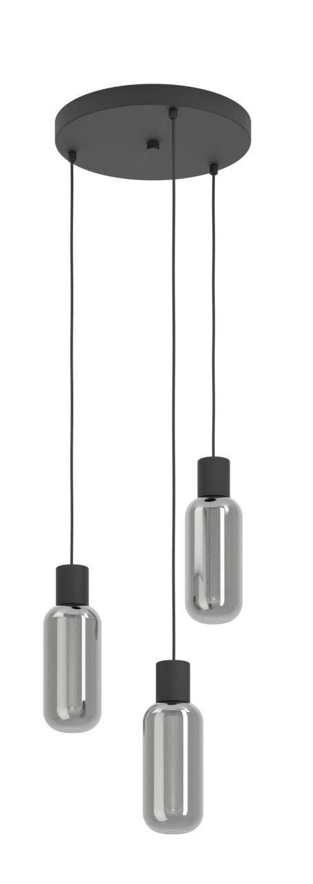 Eglo Leuchten Pendelleuchte MAIONE Moderne dreiflammige Pendelleuchte mit zylindrischen, rauchgrauen Glaskörpern, von unten betrachtet.