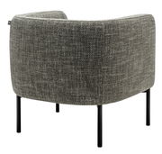 Rückansicht eines grauen Clubsessels mit schwarzen Metallbeinen