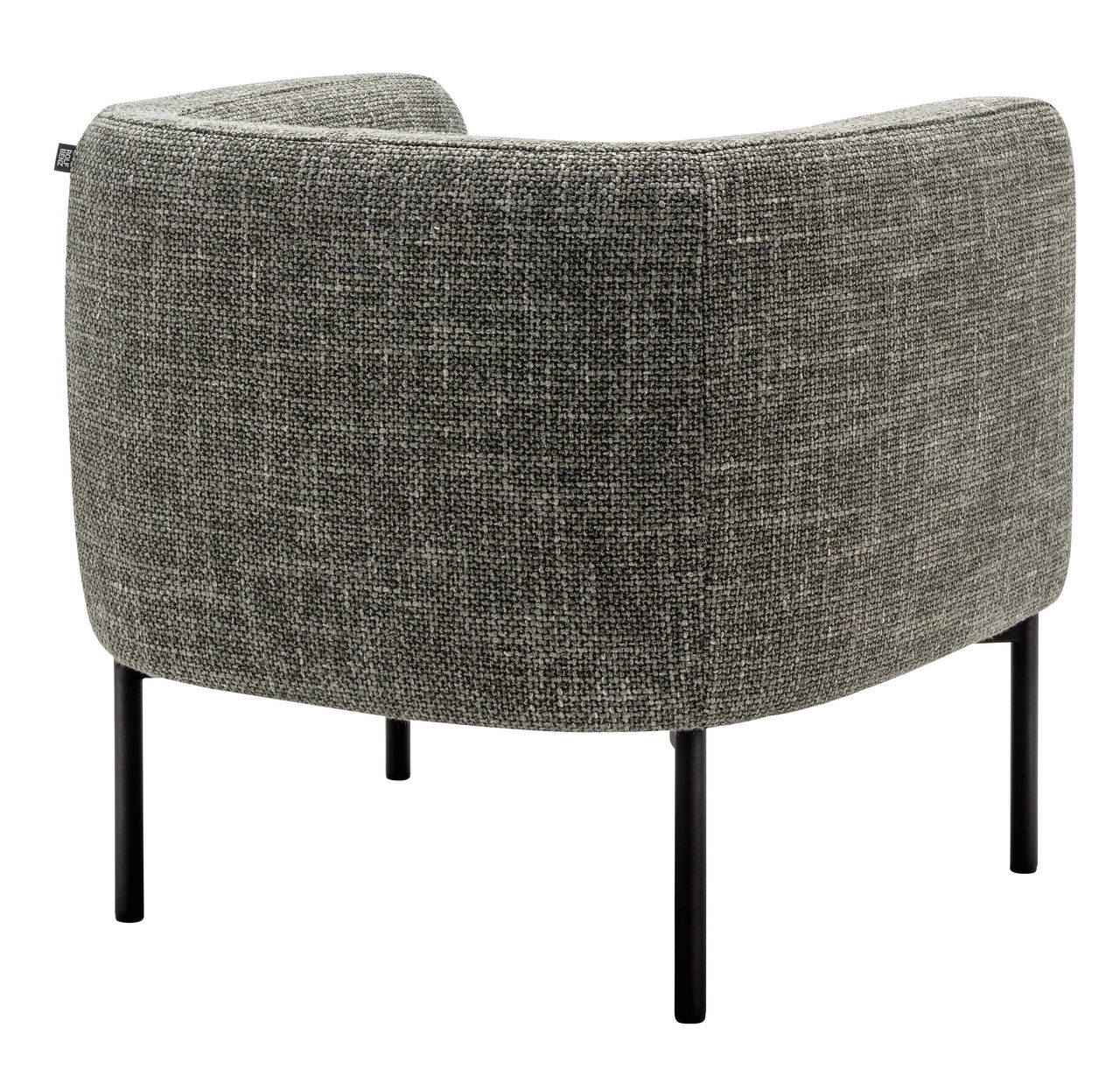 Rückansicht eines grauen Clubsessels mit schwarzen Metallbeinen