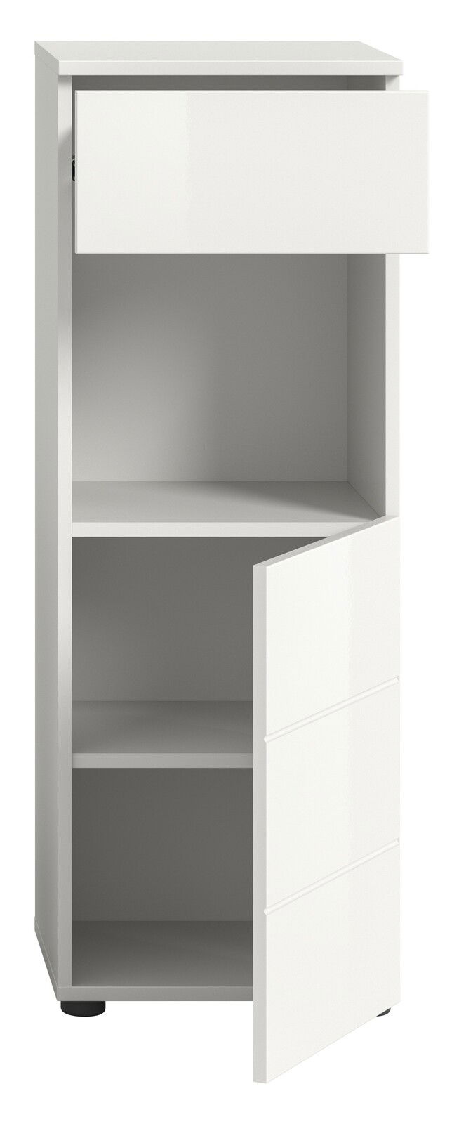 Weißer Standschrank mit einer offenen Schublade und einer geöffneten Tür, frontal betrachtet.