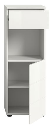 Weißer Standschrank mit einer offenen Schublade und einer geöffneten Tür, frontal betrachtet.