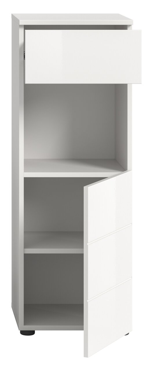 Weißer Standschrank mit einer offenen Schublade und einer geöffneten Tür, frontal betrachtet.