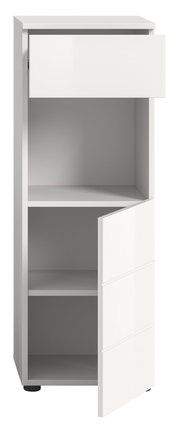 Weißer Standschrank mit einer offenen Schublade und einer geöffneten Tür, frontal betrachtet.