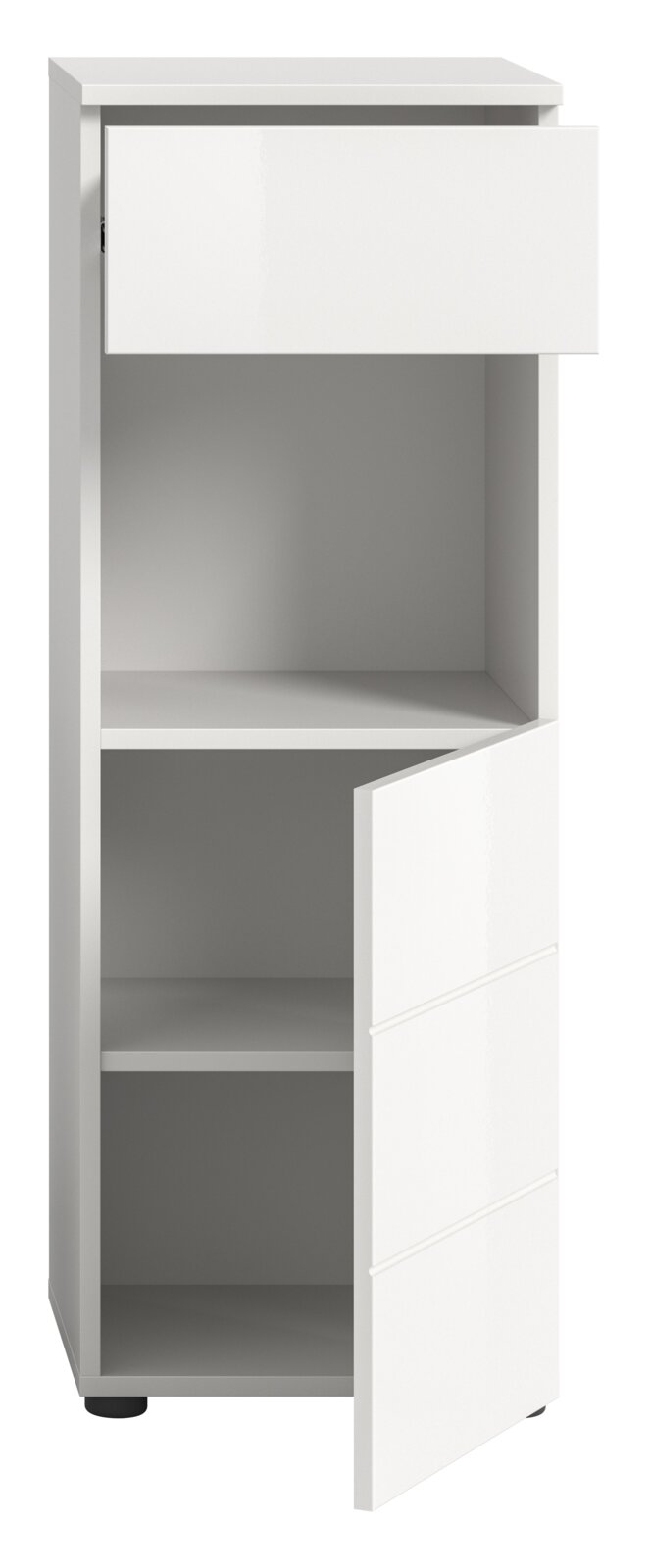 Weißer Standschrank mit einer offenen Schublade und einer geöffneten Tür, frontal betrachtet.