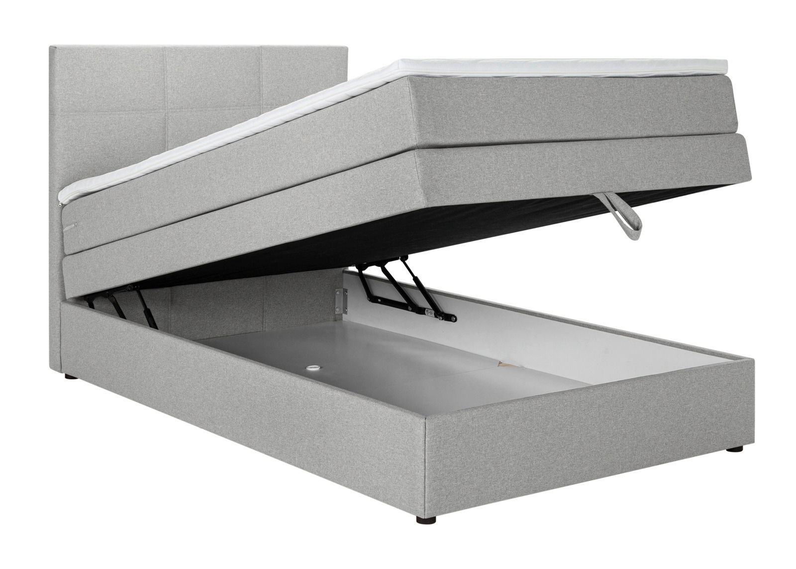 Graues Boxspringbett mit hochgeklappter Matratze und sichtbarem Stauraum, seitliche Perspektive