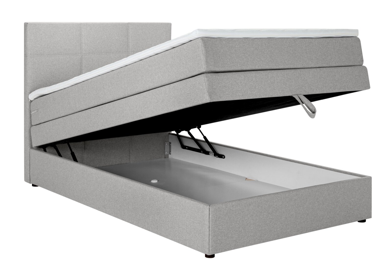 Graues Boxspringbett mit hochgeklappter Matratze und sichtbarem Stauraum, seitliche Perspektive