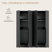 Schwarzer Kleiderschrank mit geöffneten Türen und mehreren Fächern für viel Stauraum, Frontansicht.