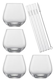 Set aus vier klaren Trinkgläsern und fünf Glasstrohhalmen mit Reinigungsbürste, Ansicht von oben.