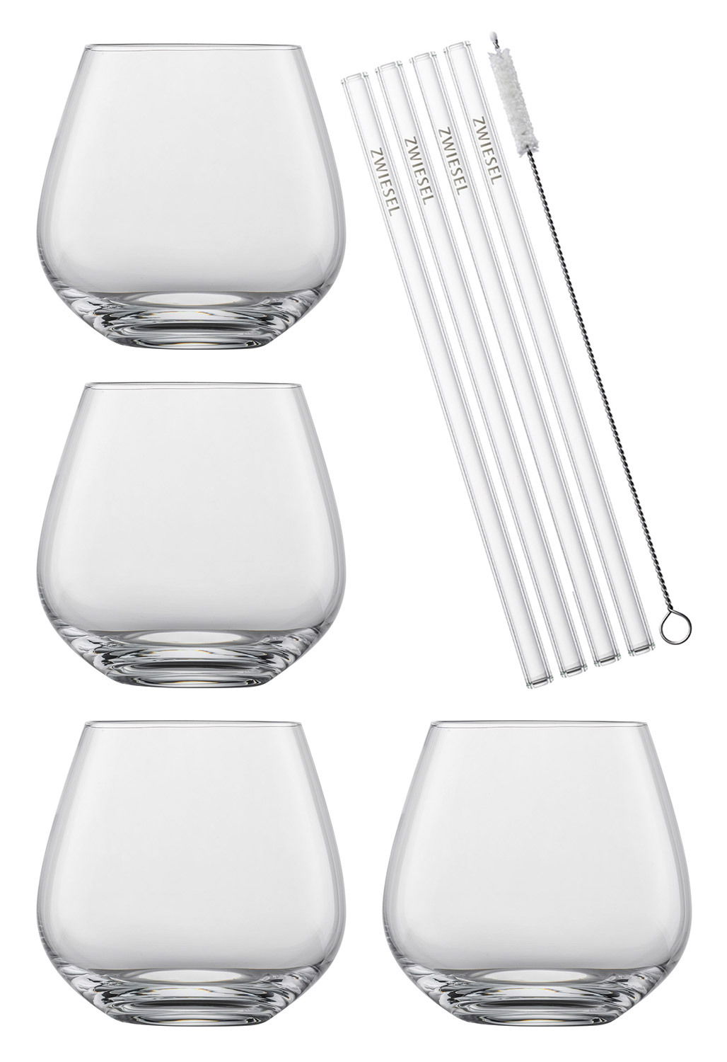 SCHOTT ZWIESEL Drinks-Set AFTER WORK Set aus vier klaren Trinkgläsern und fünf Glasstrohhalmen mit Reinigungsbürste, Ansicht von oben.