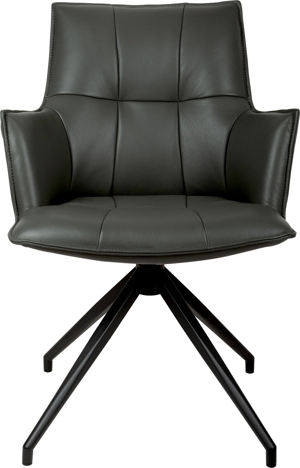 Dunkelgrauer, gepolsterter Drehstuhl mit Armlehnen und schwarzem Metall-Sternfuß, Frontansicht