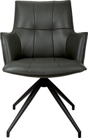 Dunkelgrauer, gepolsterter Drehstuhl mit Armlehnen und schwarzem Metall-Sternfuß, Frontansicht