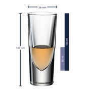 Grappabecher Gilli aus Glas, 143 mm hoch, 58 mm Durchmesser, mit 150 ml Fassungsvermögen, gefüllt mit bernsteinfarbener Flüssigkeit, seitliche Ansicht.