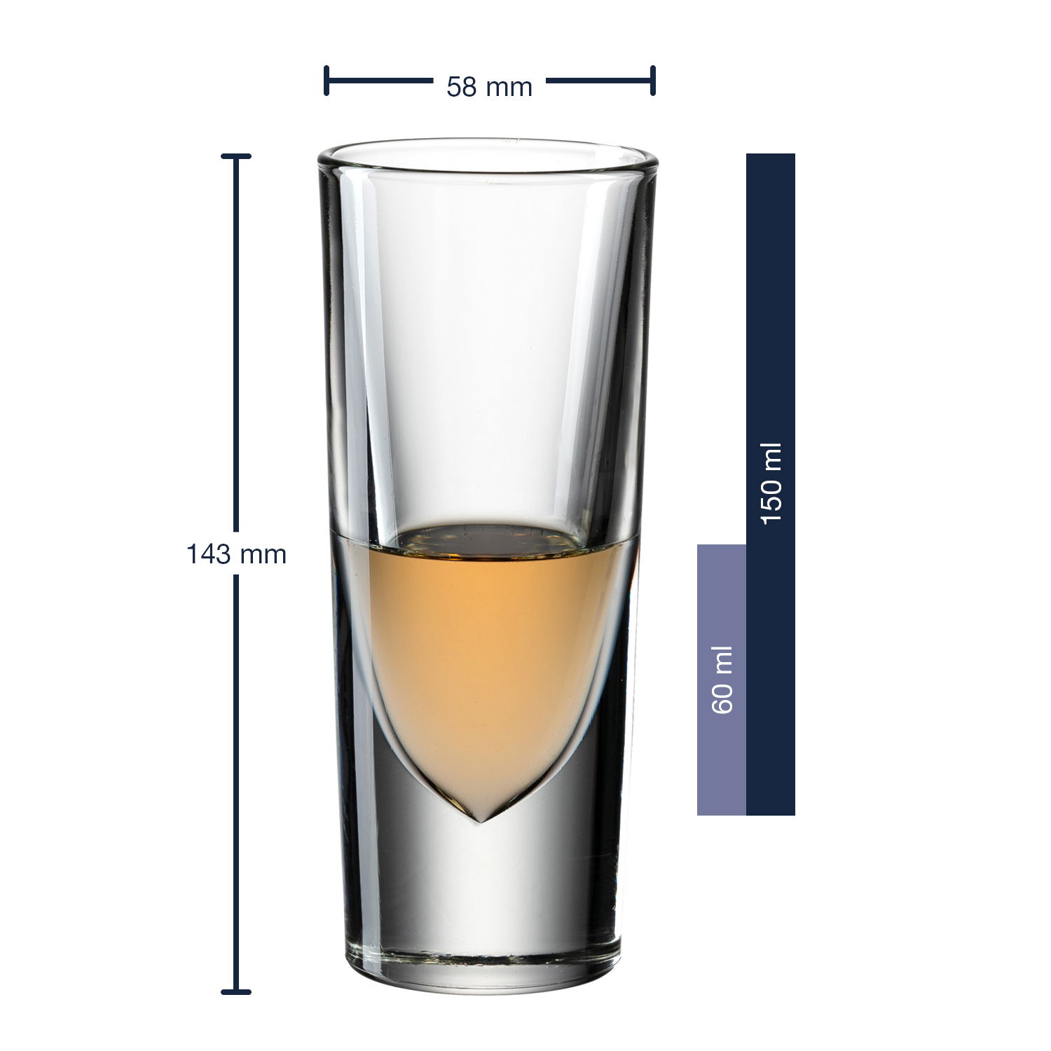 Grappabecher Gilli aus Glas, 143 mm hoch, 58 mm Durchmesser, mit 150 ml Fassungsvermögen, gefüllt mit bernsteinfarbener Flüssigkeit, seitliche Ansicht.