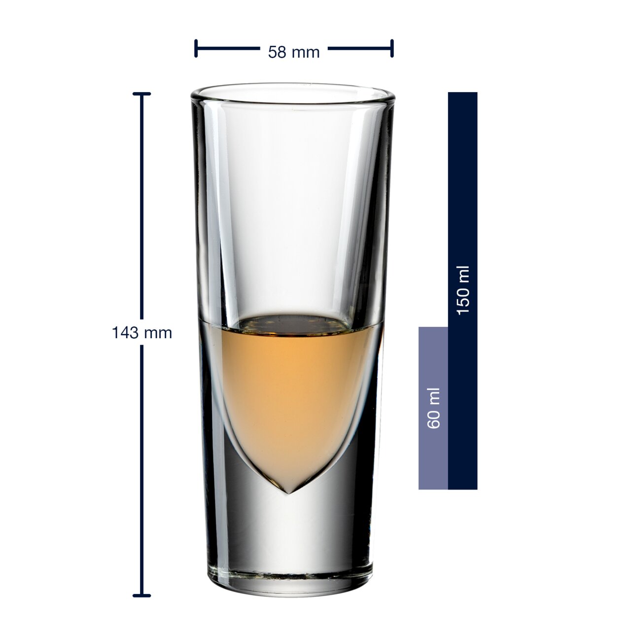 Leonardo Schnapsglas GILLI Grappabecher Gilli aus Glas, 143 mm hoch, 58 mm Durchmesser, mit 150 ml Fassungsvermögen, gefüllt mit bernsteinfarbener Flüssigkeit, seitliche Ansicht.