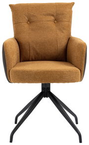 Moderner Sessel in braunem Stoff mit schwarzem Metallgestell, Frontalansicht