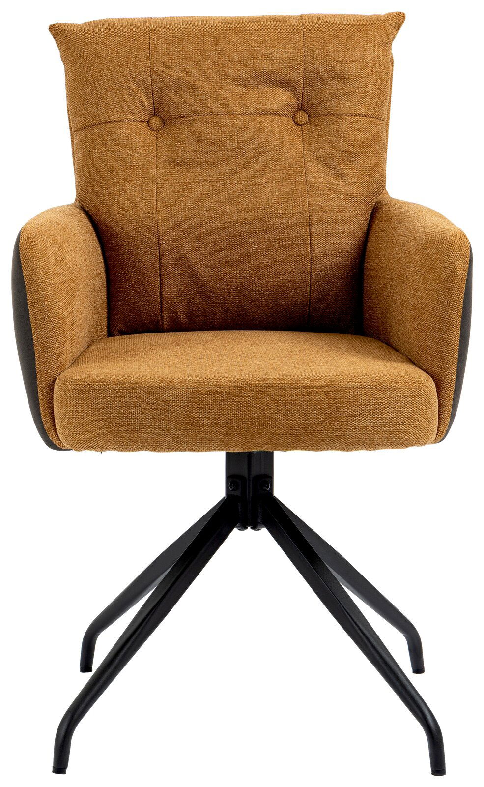 Moderner Sessel in braunem Stoff mit schwarzem Metallgestell, Frontalansicht