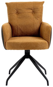 Moderner Sessel in braunem Stoff mit schwarzem Metallgestell, Frontalansicht