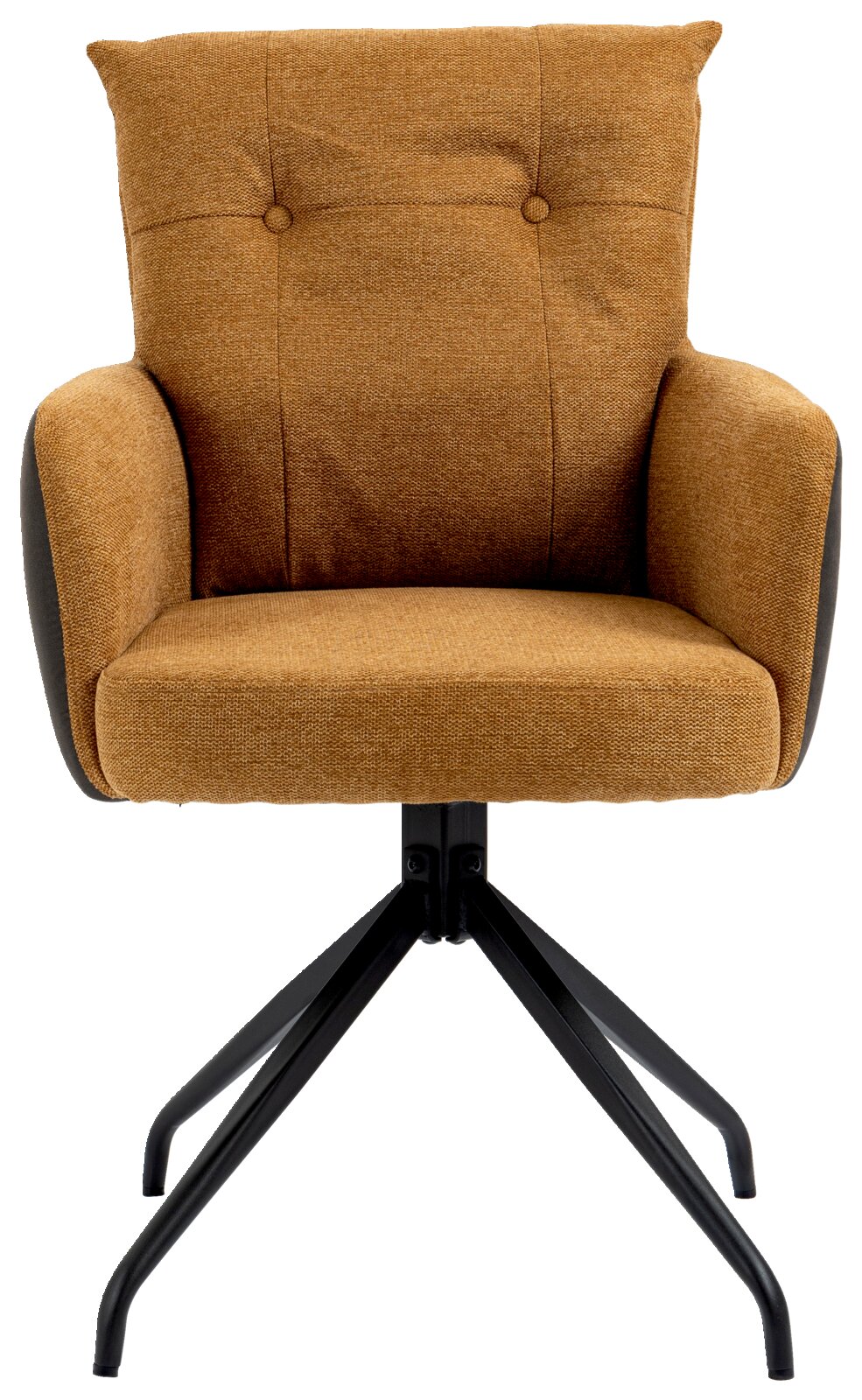 Moderne fauteuil in bruine stof met een zwart metalen frame, vooraanzicht