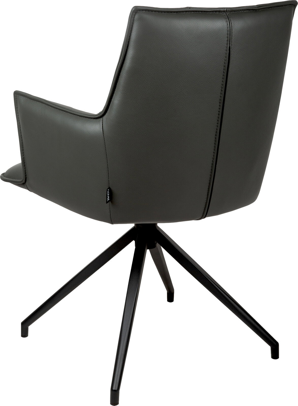 Dunkelgrauer, gepolsterter Drehstuhl mit Armlehnen und schwarzem Metall-Sternfuß, seitliche Rückansicht auf weißem Hintergrund.