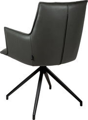 Dunkelgrauer, gepolsterter Drehstuhl mit Armlehnen und schwarzem Metall-Sternfuß, seitliche Rückansicht auf weißem Hintergrund.