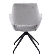 Rückansicht eines grauen Armlehnstuhls mit schwarzem Metallgestell