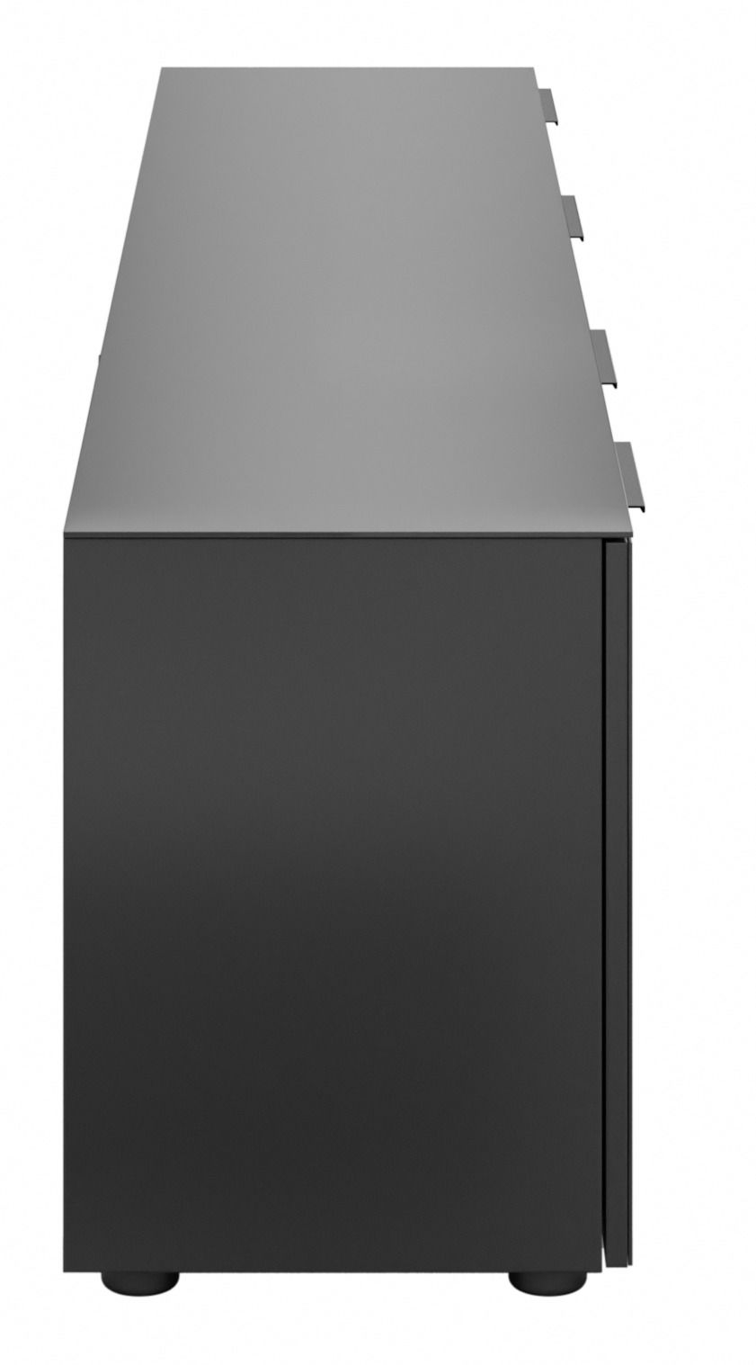 Seitenansicht eines schwarzen XL-TV-Lowboards mit glatter Oberfläche und minimalistischem Design.