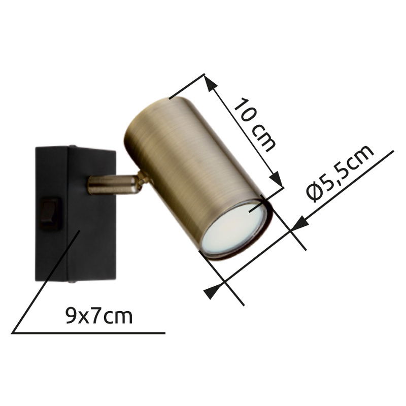 Strahler Altmessing mit zylindrischem Lampenkopf, seitliche Perspektive, Maße: 10 cm Länge, 5,5 cm Durchmesser, Wandhalterung 9x7 cm