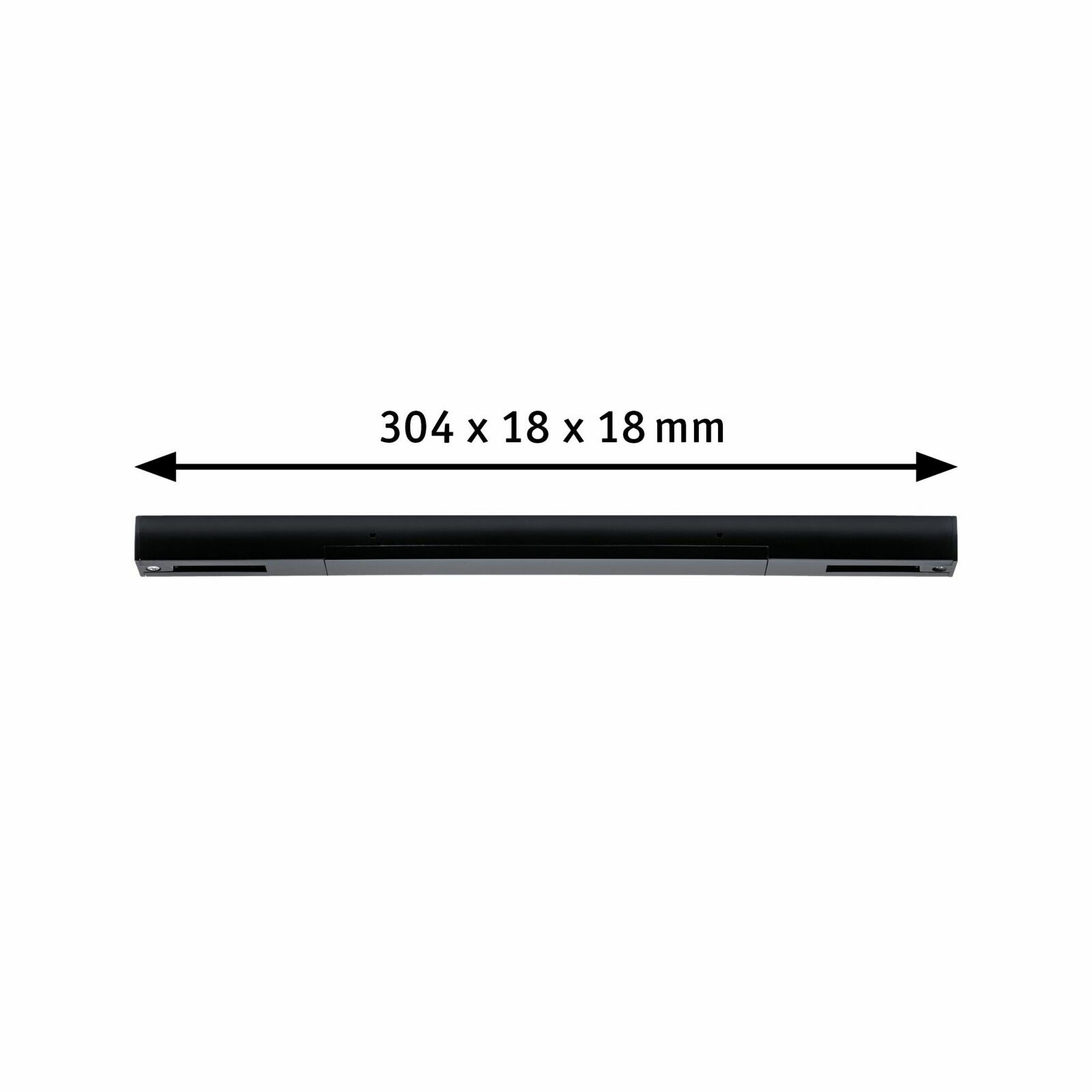 Schwarze Stromeinspeisung, rechteckig, 304 x 18 x 18 mm, seitliche Perspektive