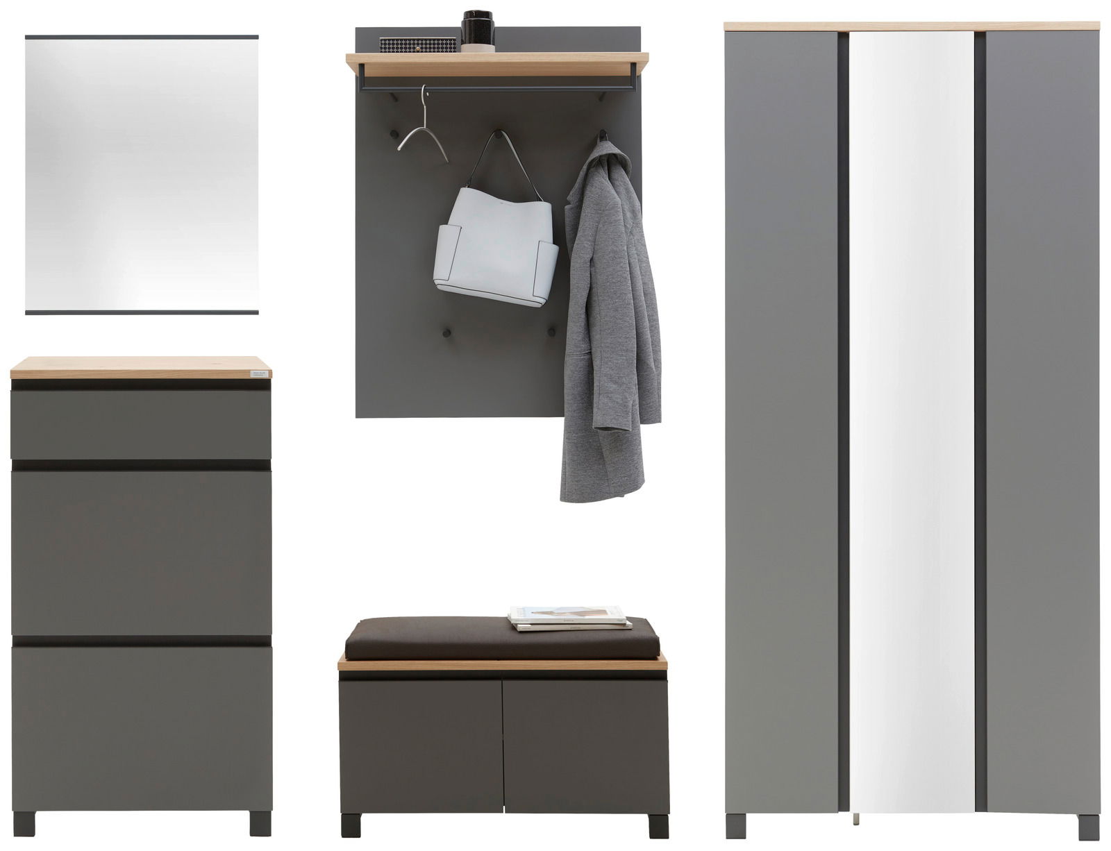 Garderoben-Set 6-tlg. in moderner grauer Optik mit Holzdetails, bestehend aus einem Spiegel, einer Kommode, einer Garderobenleiste mit Haken, einem Schuhschrank und einem Kleiderschrank. Frontalansicht.