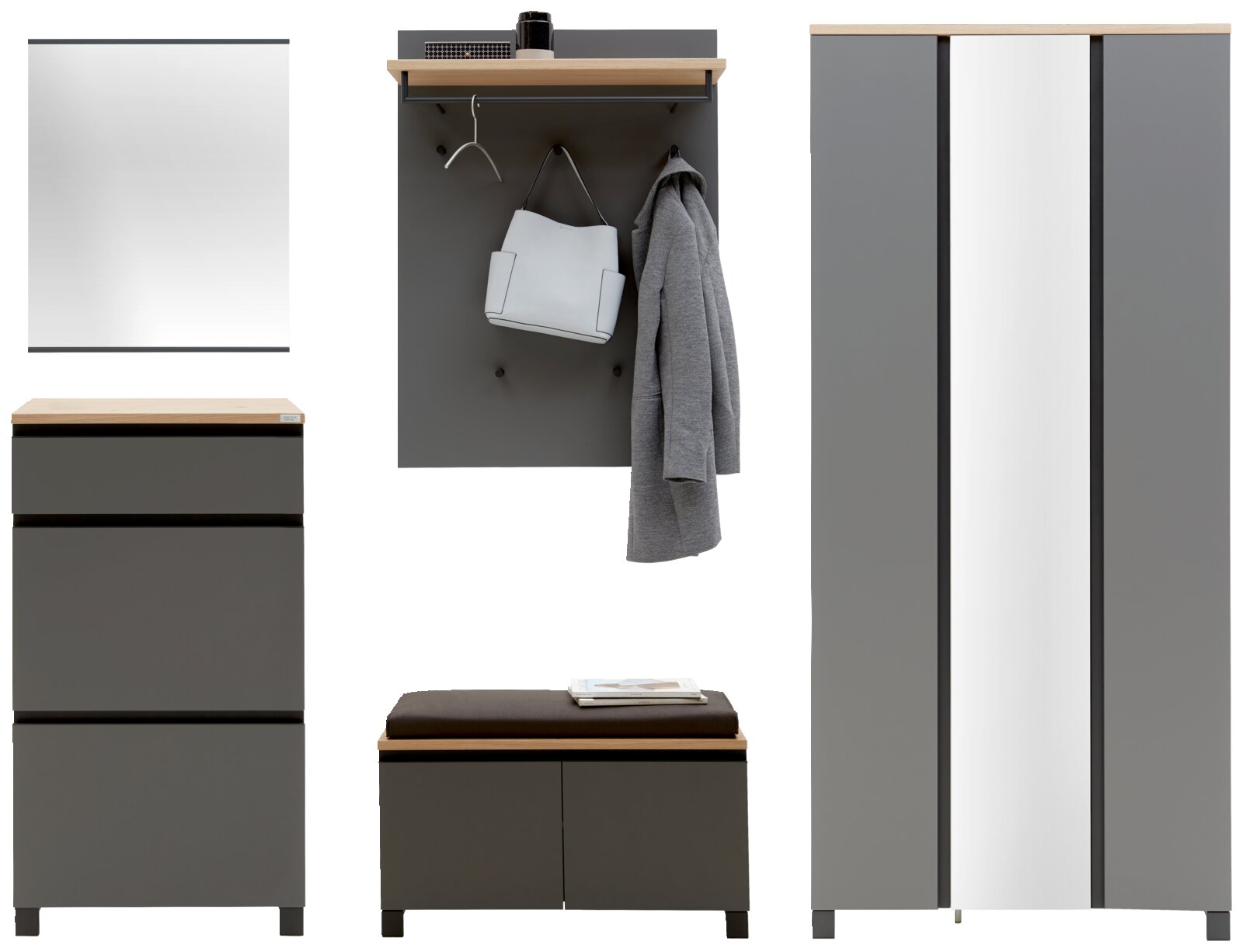 Garderoben-Set 6-tlg. in moderner grauer Optik mit Holzdetails, bestehend aus einem Spiegel, einer Kommode, einer Garderobenleiste mit Haken, einem Schuhschrank und einem Kleiderschrank. Frontalansicht.