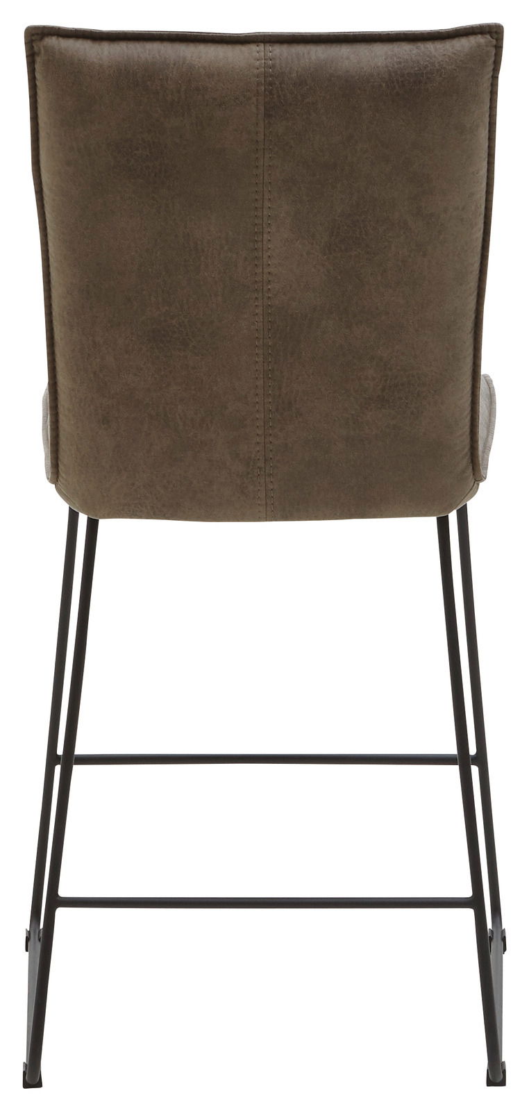Rückansicht eines Tresenstuhls mit brauner Polsterung und schwarzem Metallgestell.