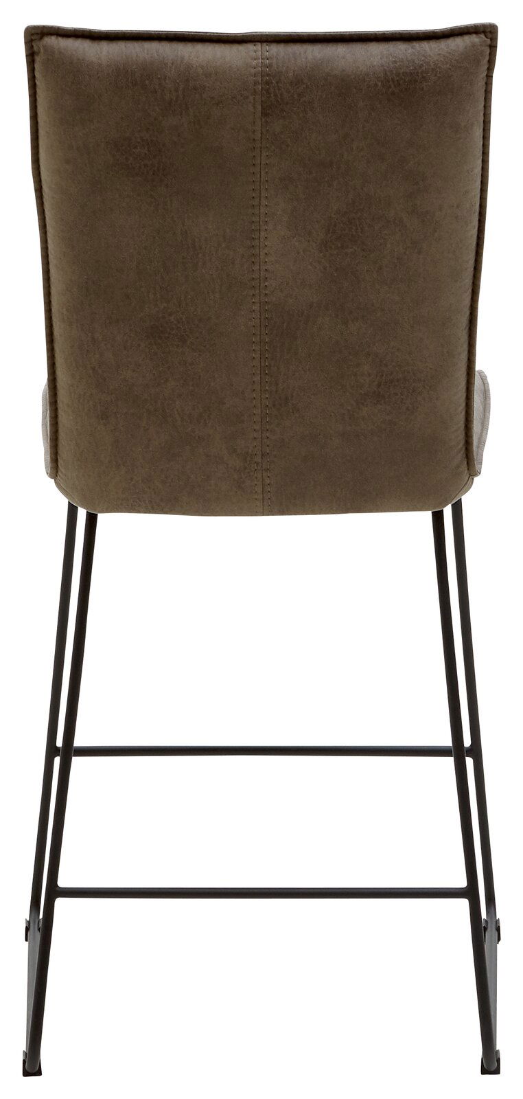 Rückansicht eines Tresenstuhls mit brauner Polsterung und schwarzem Metallgestell.