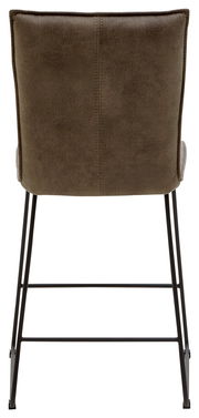 Rückansicht eines Tresenstuhls mit brauner Polsterung und schwarzem Metallgestell.