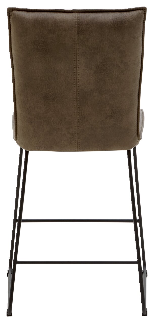 Rückansicht eines Tresenstuhls mit brauner Polsterung und schwarzem Metallgestell.