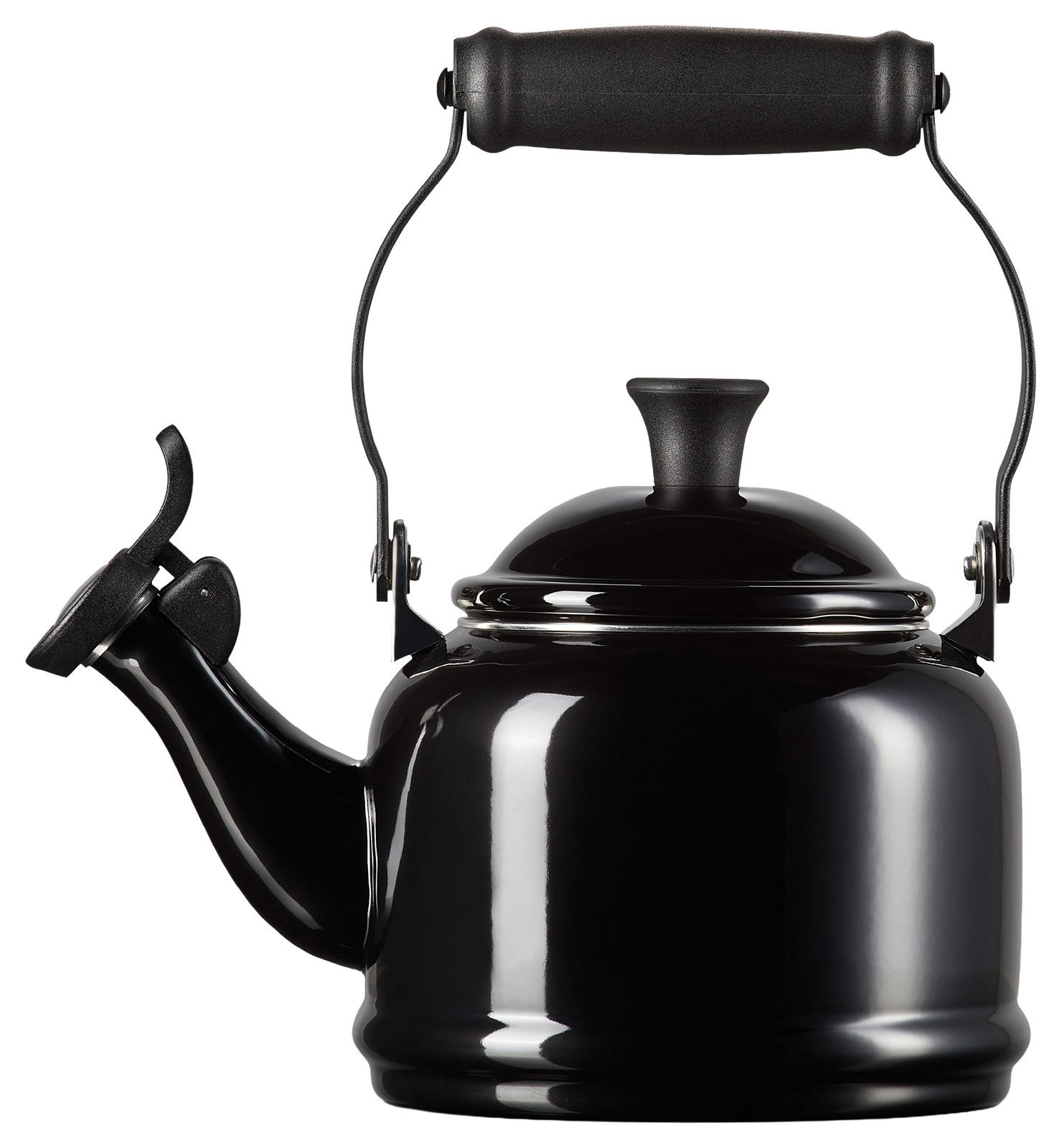Schwarzer Wasserkessel 1,1 L mit glänzender Oberfläche, seitliche Perspektive