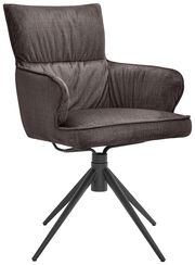 Grauer Armlehnstuhl mit gepolstertem Sitz und Rückenlehne, auf schwarzem Metallgestell mit vier Beinen, seitliche Perspektive