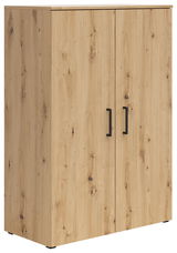 Holzkommode mit zwei Türen und schwarzen Griffen, seitliche Perspektive