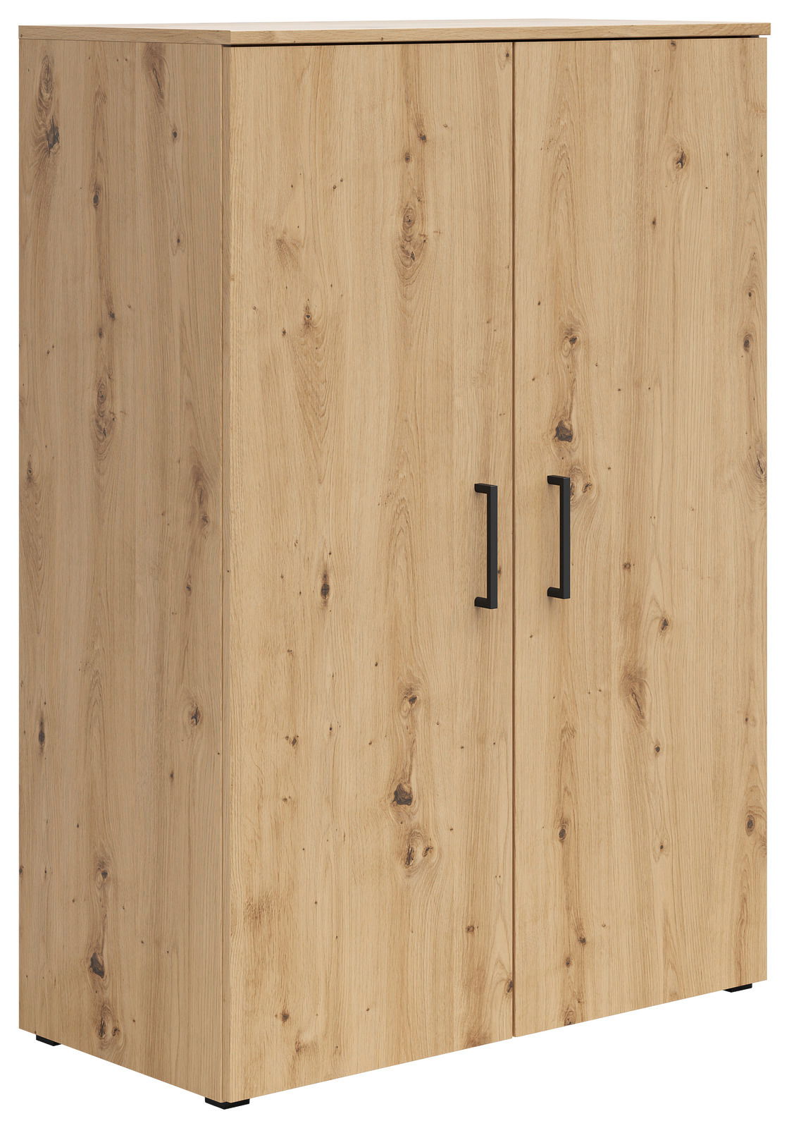 Holzkommode mit zwei Türen und schwarzen Griffen, seitliche Perspektive