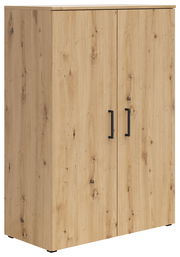 Holzkommode mit zwei Türen und schwarzen Griffen, seitliche Perspektive