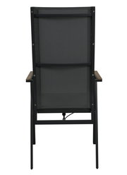 Rückansicht eines schwarzen Stapelstuhls mit Metallrahmen und Armlehnen.