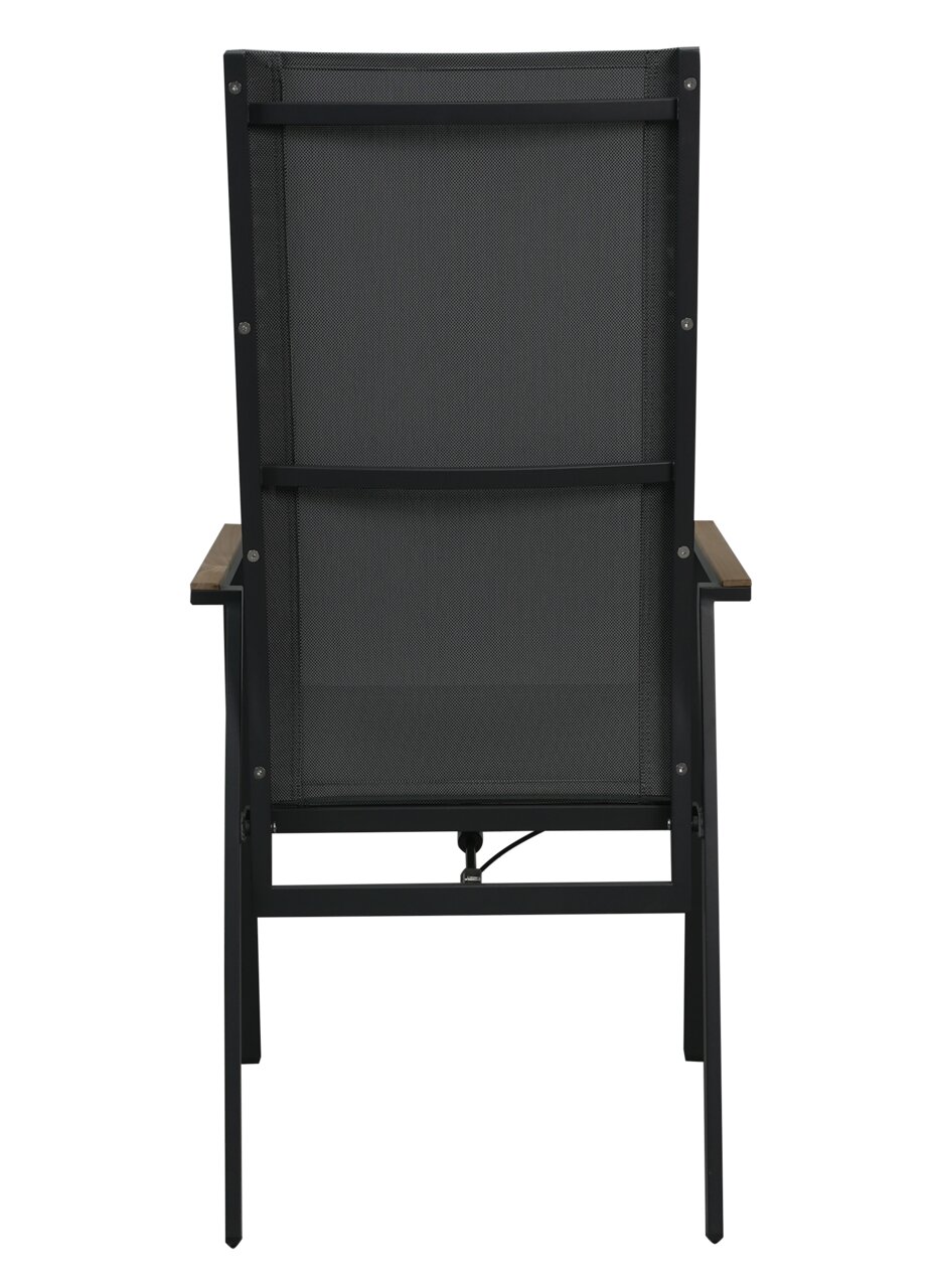 Rückansicht eines schwarzen Stapelstuhls mit Metallrahmen und Armlehnen.