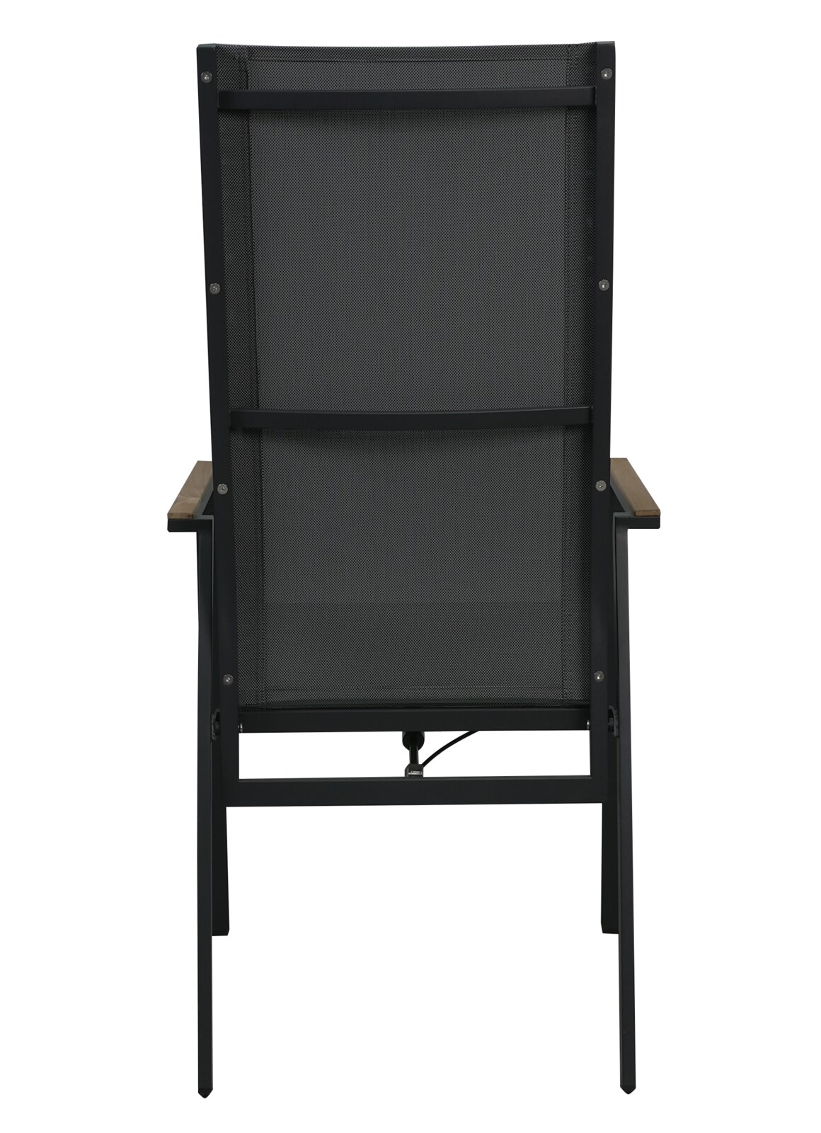 Rückansicht eines schwarzen Stapelstuhls mit Metallrahmen und Armlehnen.