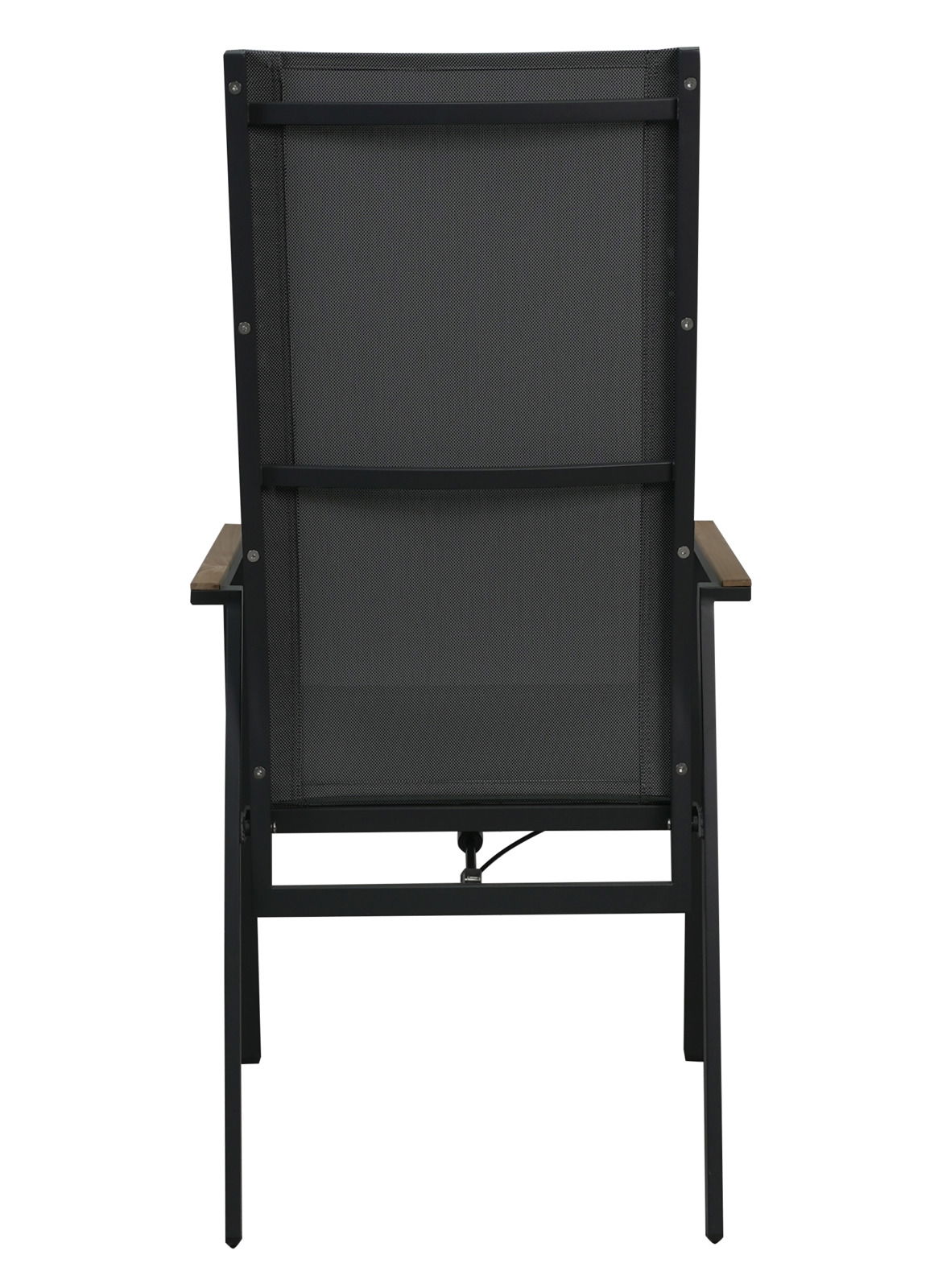 Rückansicht eines schwarzen Stapelstuhls mit Metallrahmen und Armlehnen.